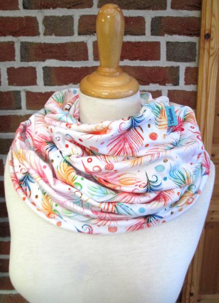 Preview: XXL REGENBOGEN FEDERN Schal mit bunten Federn Loopschal aus Jersey Vogelfedern rainbow feathers Fantasy Geschenk z. Geburtstag Muttertag